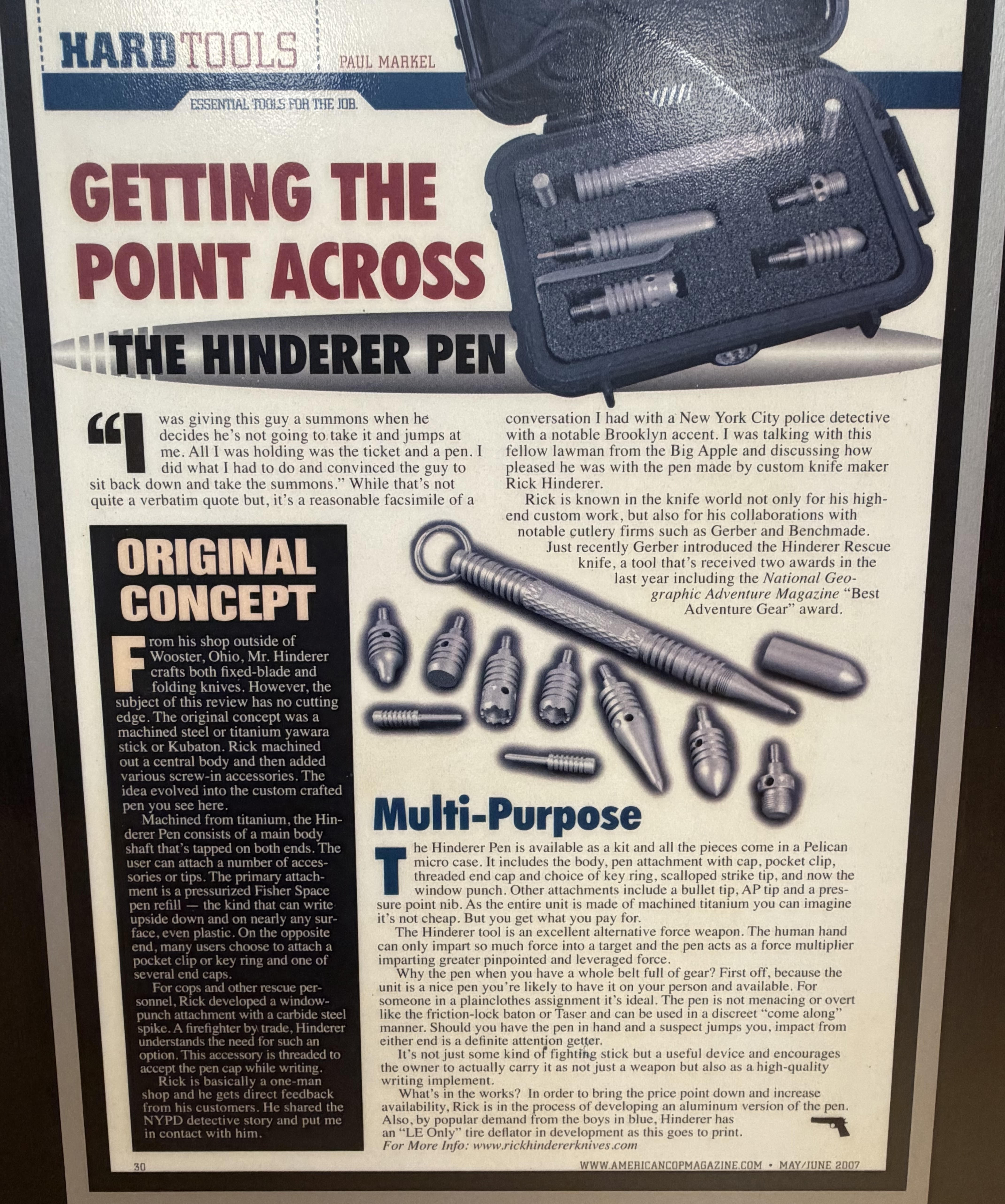 2007 American Cop Magazine article by Paul Markel featuring the Hinderer Pen